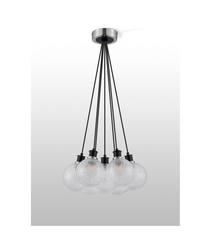 Placid 45cm Round Cluster Pendant 7 Light E14 15cm Round Dimpled Glass Shade Satin Nickel Clear & Satin Black-7