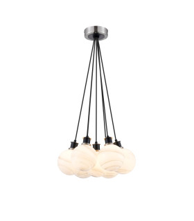 Placid 45cm Round Cluster Pendant 7x E14 15cm Round White & Grey Marble Effect Glass Shade Satin Nickel & Satin Black-1