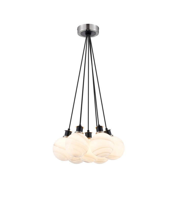 Placid 45cm Round Cluster Pendant 7x E14 15cm Round White & Grey Marble Effect Glass Shade Satin Nickel & Satin Black-1