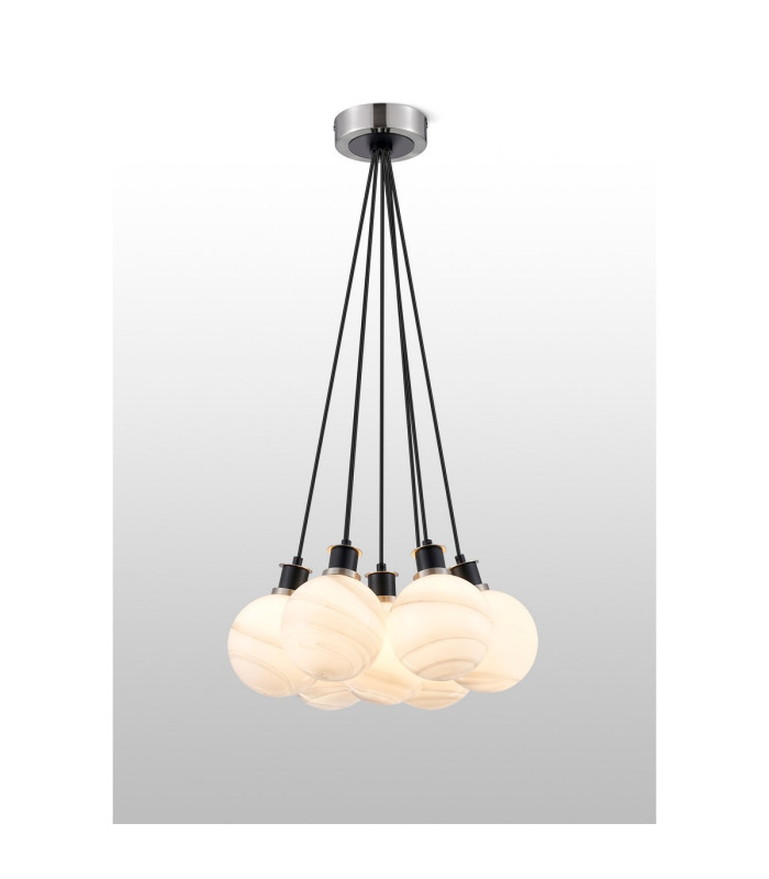 Placid 45cm Round Cluster Pendant 7x E14 15cm Round White & Grey Marble Effect Glass Shade Satin Nickel & Satin Black-3