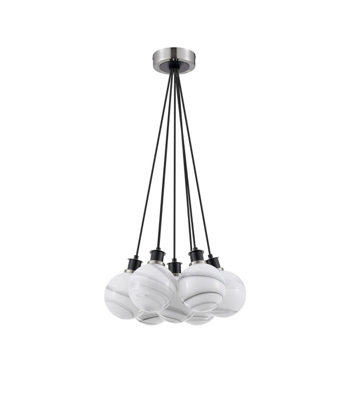 Placid 45cm Round Cluster Pendant 7x E14 15cm Round White & Grey Marble Effect Glass Shade Satin Nickel & Satin Black-4