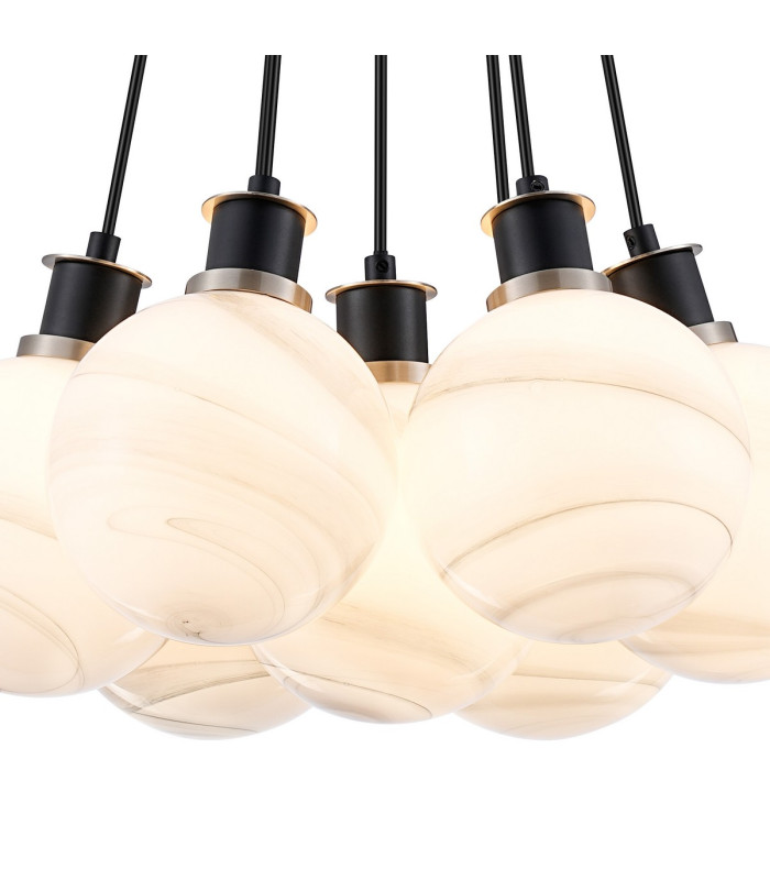 Placid 45cm Round Cluster Pendant 7x E14 15cm Round White & Grey Marble Effect Glass Shade Satin Nickel & Satin Black-6