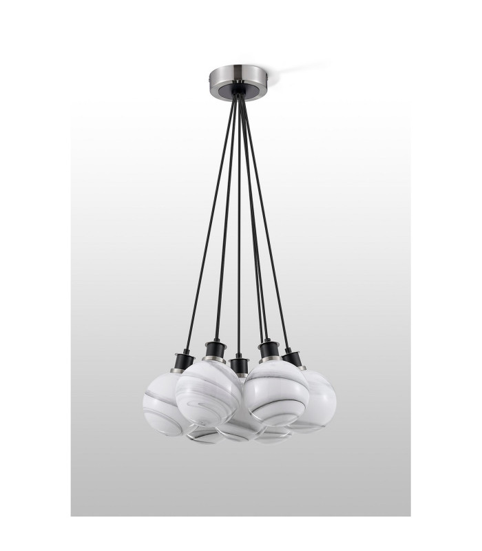 Placid 45cm Round Cluster Pendant 7x E14 15cm Round White & Grey Marble Effect Glass Shade Satin Nickel & Satin Black-7