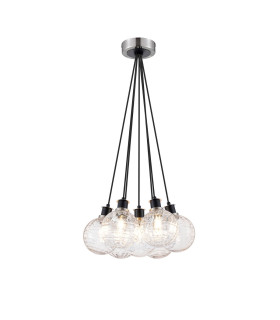 Placid 45cm Round Cluster Pendant 7 Light E14 15cm Round Textured Melting Glass Shade Satin Nickel Clear & Satin Black-1