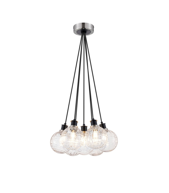 Placid 45cm Round Cluster Pendant 7 Light E14 15cm Round Textured Melting Glass Shade Satin Nickel Clear & Satin Black-1