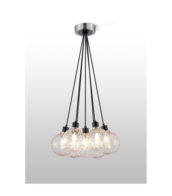 Placid 45cm Round Cluster Pendant 7 Light E14 15cm Round Textured Melting Glass Shade Satin Nickel Clear & Satin Black-3