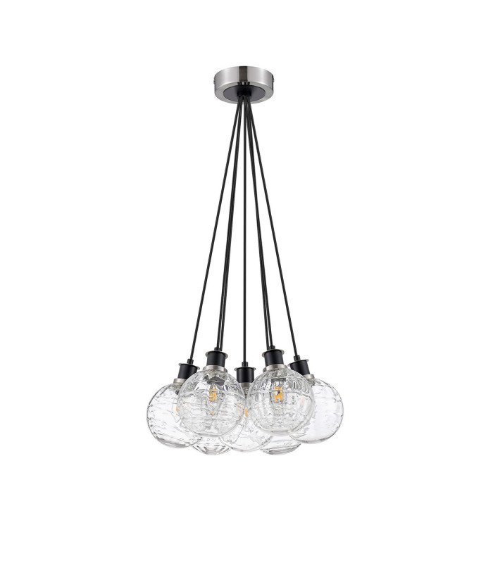 Placid 45cm Round Cluster Pendant 7 Light E14 15cm Round Textured Melting Glass Shade Satin Nickel Clear & Satin Black-4