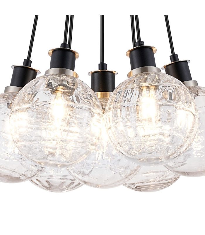 Placid 45cm Round Cluster Pendant 7 Light E14 15cm Round Textured Melting Glass Shade Satin Nickel Clear & Satin Black-6