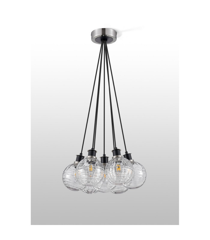 Placid 45cm Round Cluster Pendant 7 Light E14 15cm Round Textured Melting Glass Shade Satin Nickel Clear & Satin Black-7