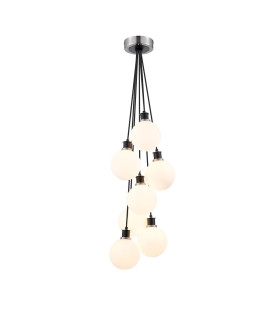 Placid 45cm Round Cluster Pendant 7 Light E14 15cm Round Glass Shade Satin Nickel Opal & Satin Black-1