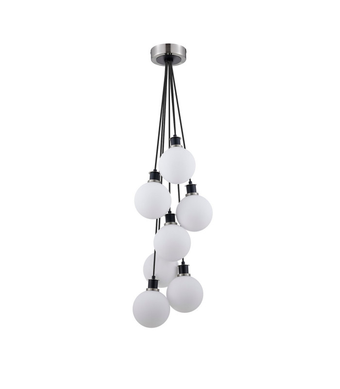 Placid 45cm Round Cluster Pendant 7 Light E14 15cm Round Glass Shade Satin Nickel Opal & Satin Black-4