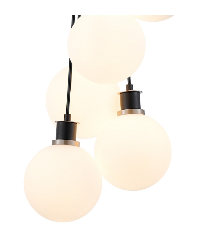 Placid 45cm Round Cluster Pendant 7 Light E14 15cm Round Glass Shade Satin Nickel Opal & Satin Black-6