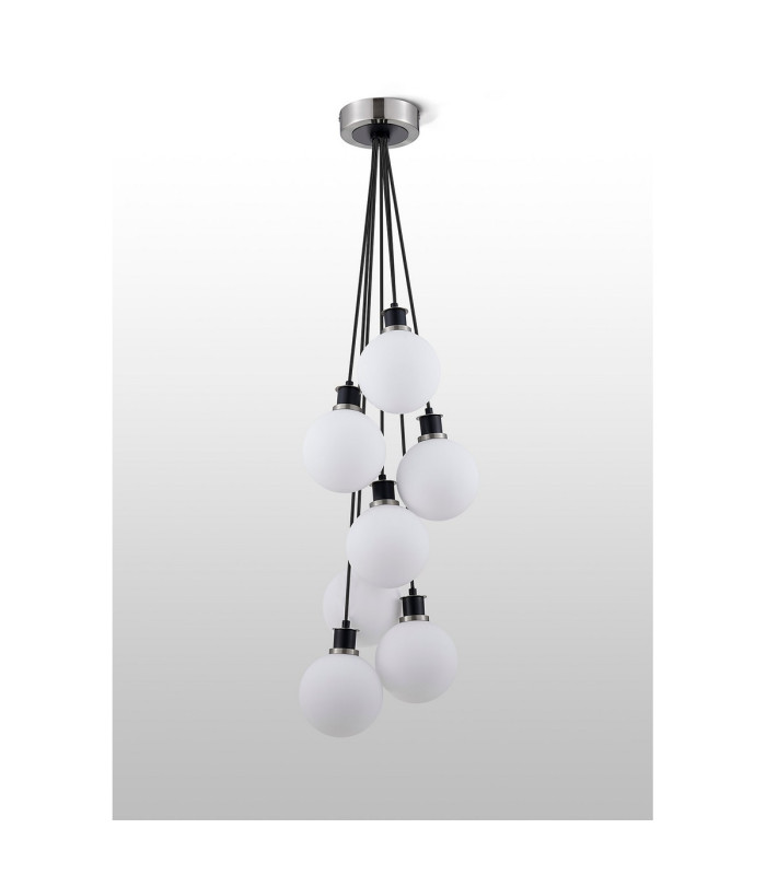 Placid 45cm Round Cluster Pendant 7 Light E14 15cm Round Glass Shade Satin Nickel Opal & Satin Black-7