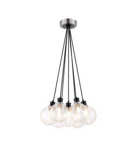 Placid 45cm Round Cluster Pendant 7 Light E14 15cm Round Ribbed Glass Shade Satin Nickel Clear & Satin Black-1