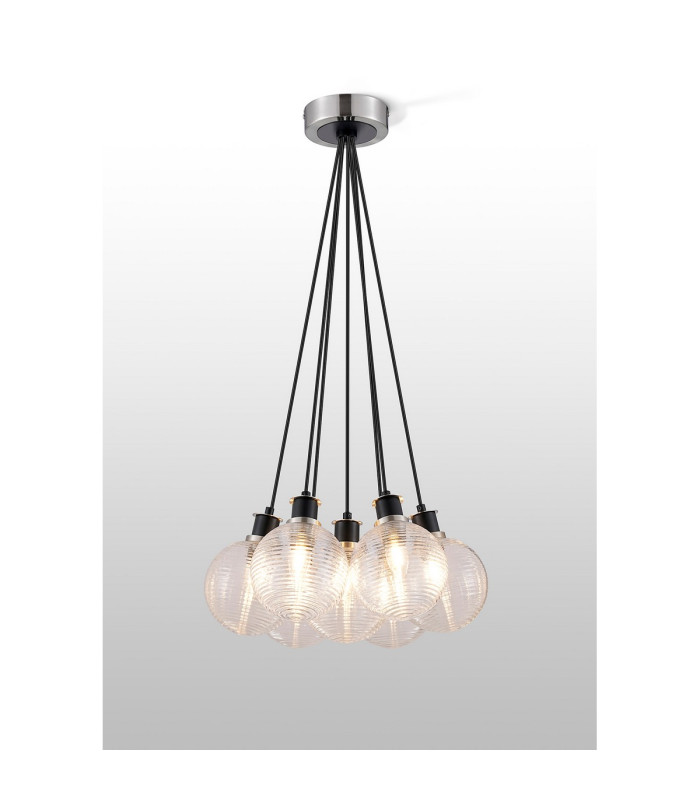 Placid 45cm Round Cluster Pendant 7 Light E14 15cm Round Ribbed Glass Shade Satin Nickel Clear & Satin Black-3