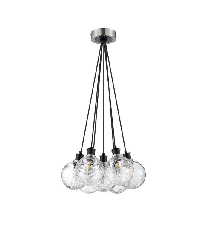 Placid 45cm Round Cluster Pendant 7 Light E14 15cm Round Ribbed Glass Shade Satin Nickel Clear & Satin Black-4