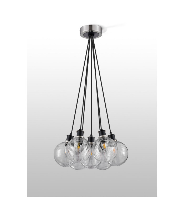 Placid 45cm Round Cluster Pendant 7 Light E14 15cm Round Ribbed Glass Shade Satin Nickel Clear & Satin Black-7