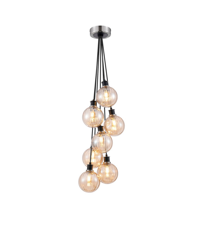 Placid 45cm Round Cluster Pendant 7 Light E14 15cm Round Segment Glass Shade Satin Nickel Amber Plated & Satin Black-1