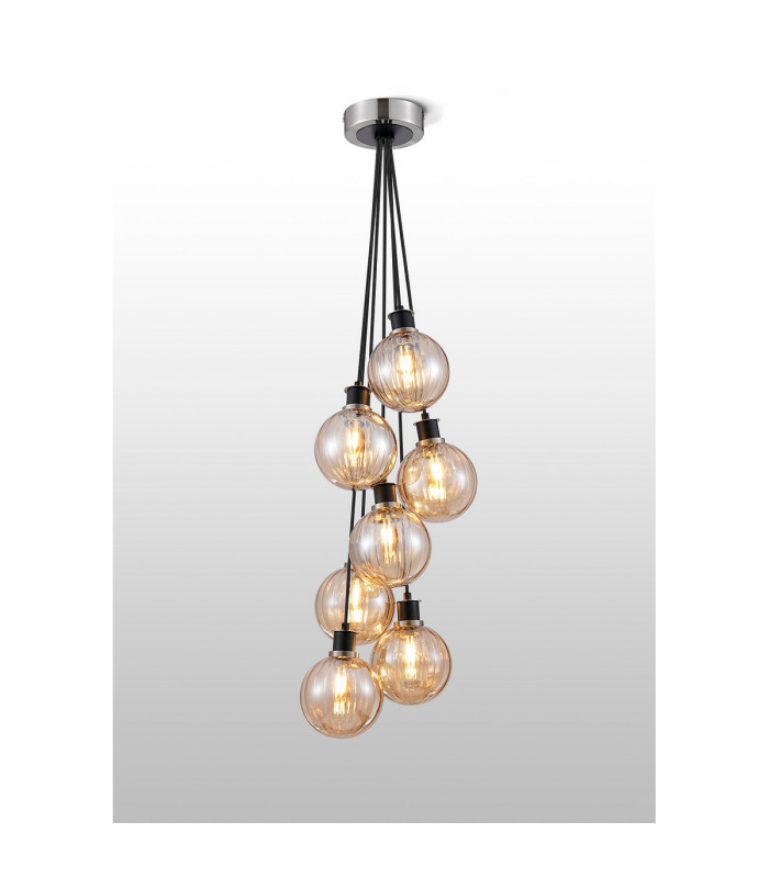Placid 45cm Round Cluster Pendant 7 Light E14 15cm Round Segment Glass Shade Satin Nickel Amber Plated & Satin Black-3