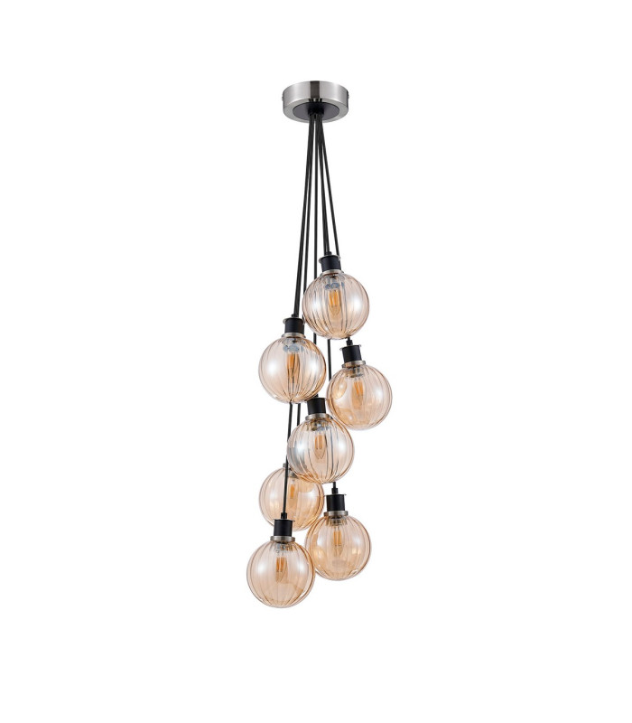 Placid 45cm Round Cluster Pendant 7 Light E14 15cm Round Segment Glass Shade Satin Nickel Amber Plated & Satin Black-4