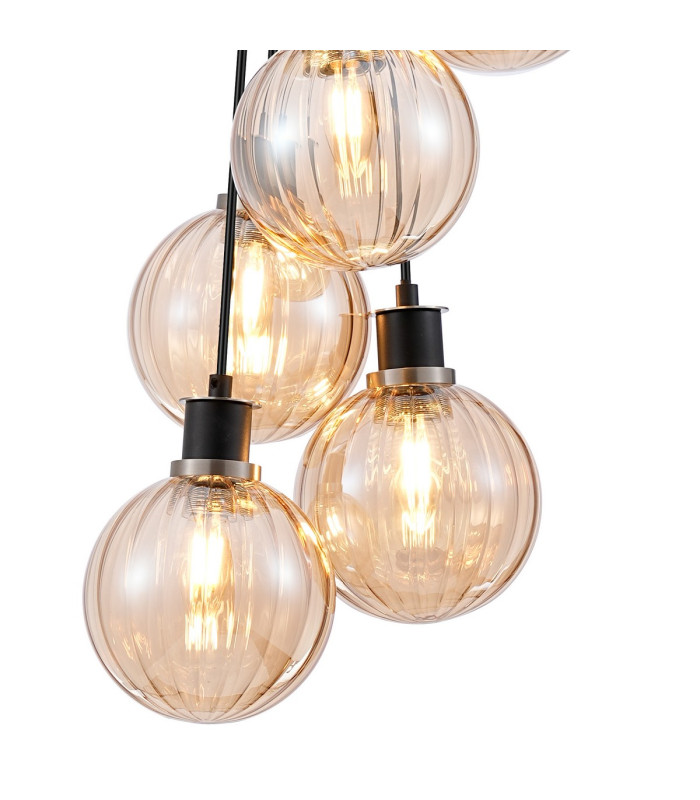 Placid 45cm Round Cluster Pendant 7 Light E14 15cm Round Segment Glass Shade Satin Nickel Amber Plated & Satin Black-6