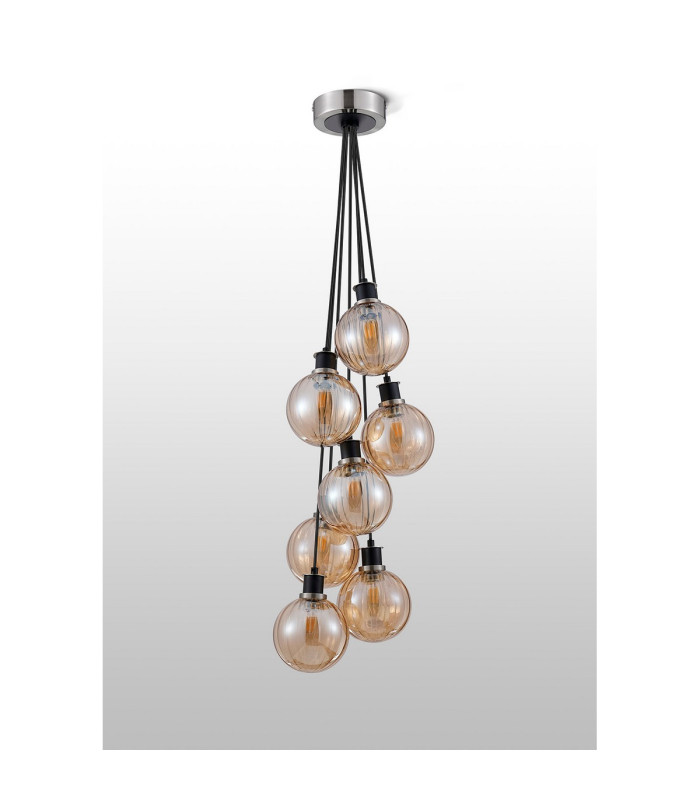 Placid 45cm Round Cluster Pendant 7 Light E14 15cm Round Segment Glass Shade Satin Nickel Amber Plated & Satin Black-7