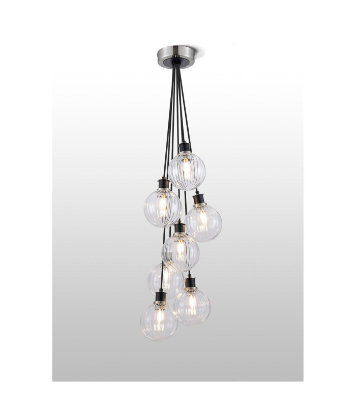 Placid 45cm Round Cluster Pendant 7 Light E14 15cm Round Segment Glass Shade Satin Nickel Clear & Satin Black-3