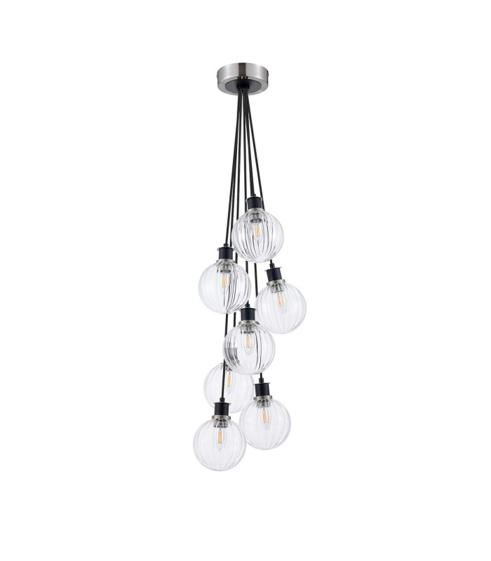 Placid 45cm Round Cluster Pendant 7 Light E14 15cm Round Segment Glass Shade Satin Nickel Clear & Satin Black-4