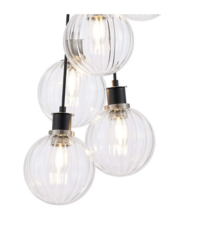 Placid 45cm Round Cluster Pendant 7 Light E14 15cm Round Segment Glass Shade Satin Nickel Clear & Satin Black-6