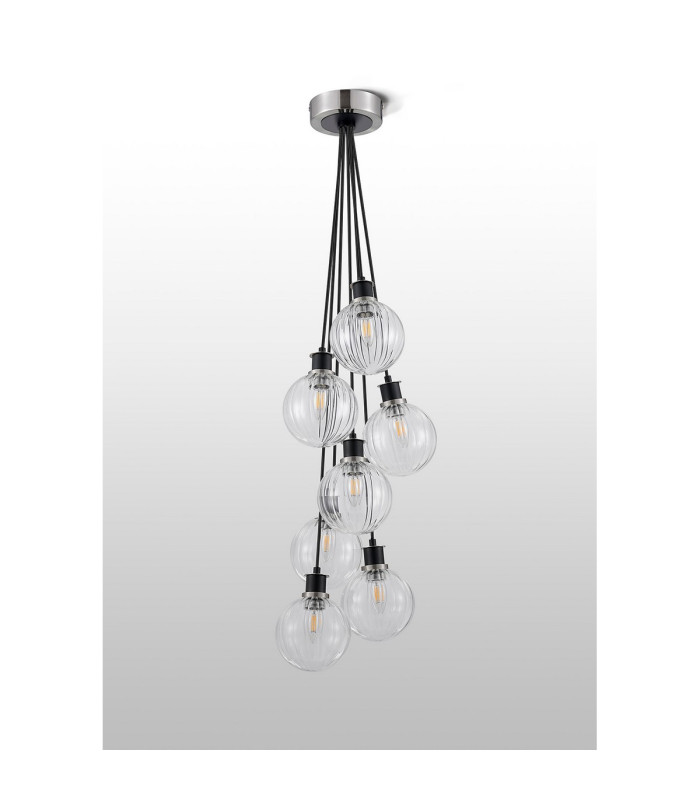Placid 45cm Round Cluster Pendant 7 Light E14 15cm Round Segment Glass Shade Satin Nickel Clear & Satin Black-7
