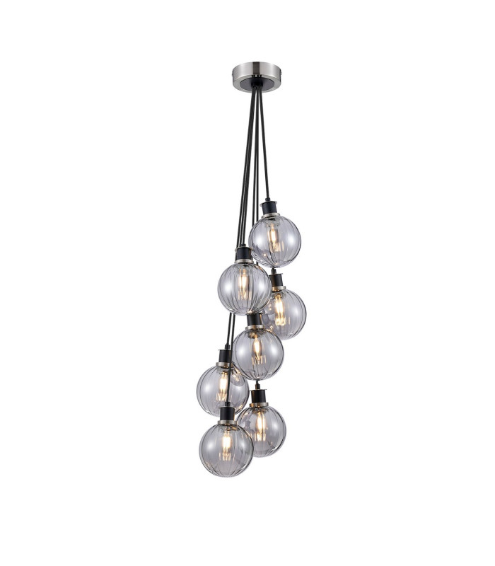Placid 45cm Round Cluster Pendant 7 Light E14 15cm Round Segment Glass Shade Satin Nickel Smoke Plated & Satin Black-1