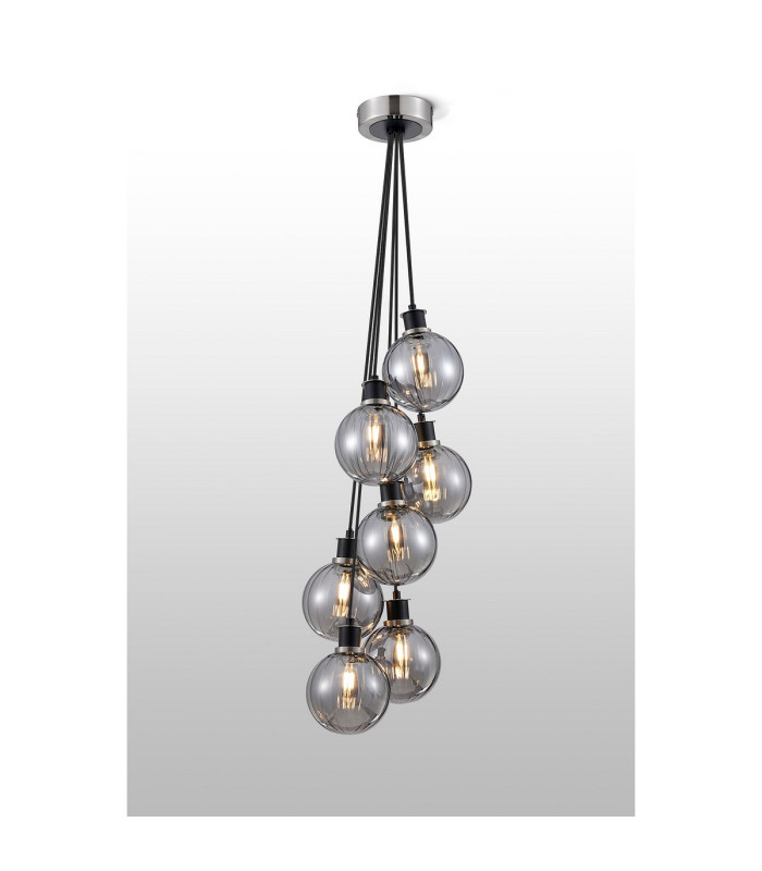 Placid 45cm Round Cluster Pendant 7 Light E14 15cm Round Segment Glass Shade Satin Nickel Smoke Plated & Satin Black-3