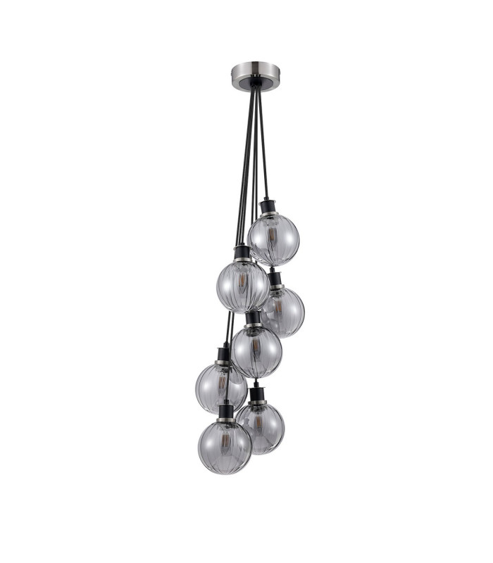 Placid 45cm Round Cluster Pendant 7 Light E14 15cm Round Segment Glass Shade Satin Nickel Smoke Plated & Satin Black-4