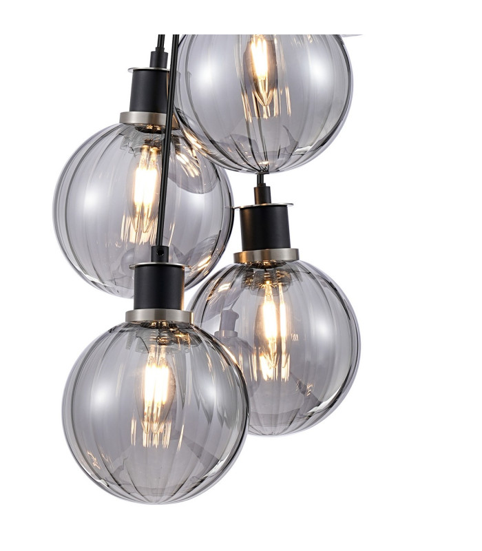 Placid 45cm Round Cluster Pendant 7 Light E14 15cm Round Segment Glass Shade Satin Nickel Smoke Plated & Satin Black-6