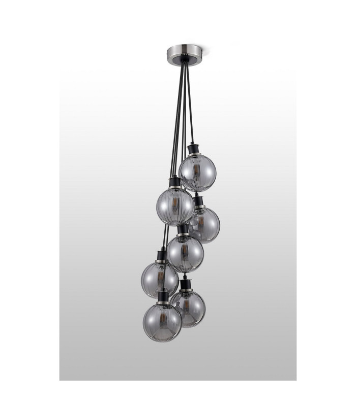 Placid 45cm Round Cluster Pendant 7 Light E14 15cm Round Segment Glass Shade Satin Nickel Smoke Plated & Satin Black-7
