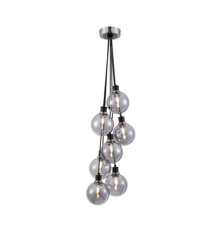 Placid 45cm Round Cluster Pendant 7 Light E14 15cm Round Glass Shade Satin Nickel Smoke Plated & Satin Black-1
