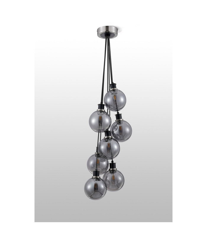 Placid 45cm Round Cluster Pendant 7 Light E14 15cm Round Glass Shade Satin Nickel Smoke Plated & Satin Black-7