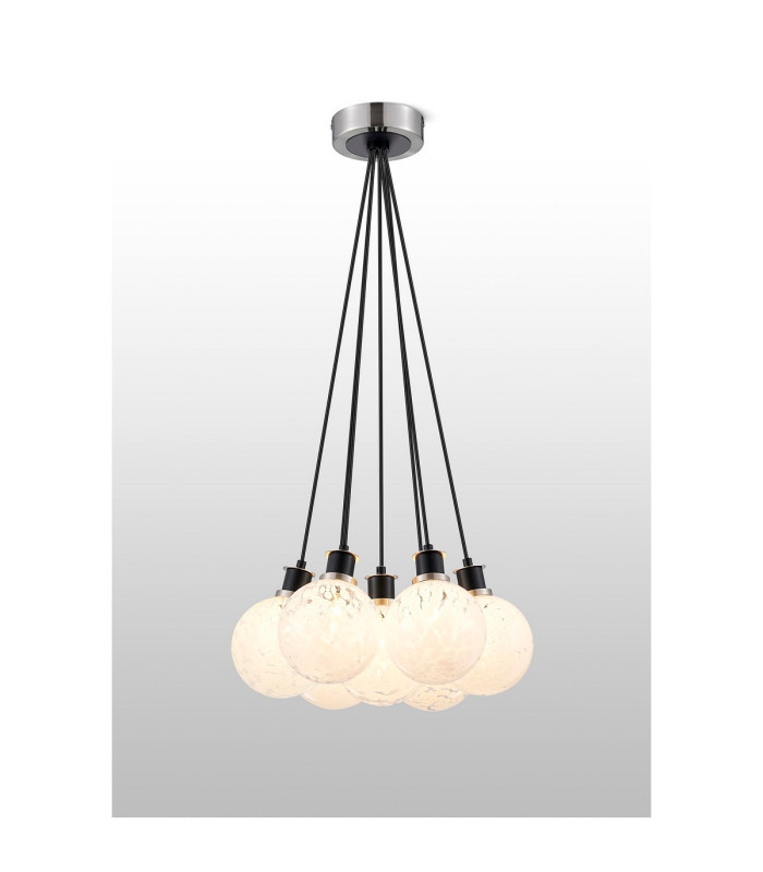 Placid 45cm Round Cluster Pendant 7 Light E14 15cm Round Speckled Glass Shade Satin Nickel White & Satin Black-3