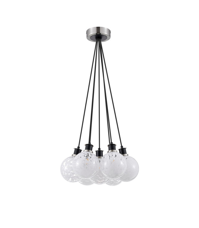 Placid 45cm Round Cluster Pendant 7 Light E14 15cm Round Speckled Glass Shade Satin Nickel White & Satin Black-4