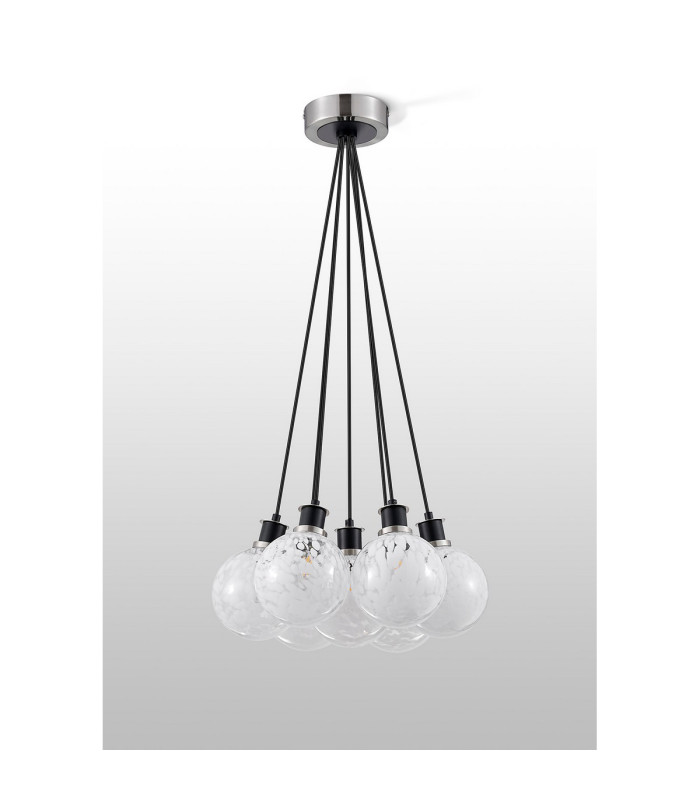 Placid 45cm Round Cluster Pendant 7 Light E14 15cm Round Speckled Glass Shade Satin Nickel White & Satin Black-7