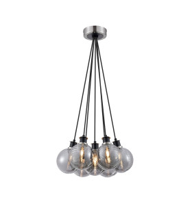 Placid 45cm Round Cluster Pendant 7x E14 15cm Round Textured Smooth/Ribbed Glass Shade Satin Nickel Smoke Plated & Black-1