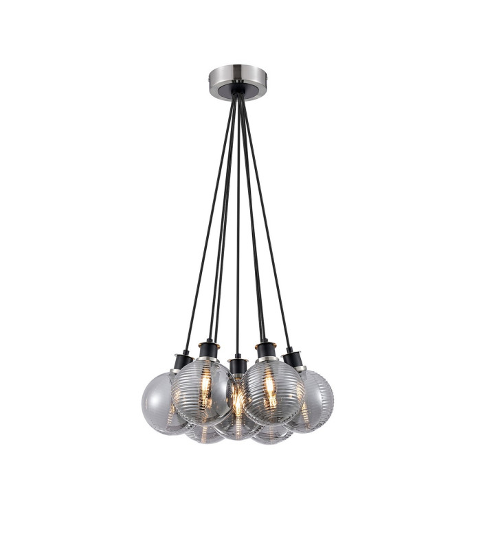 Placid 45cm Round Cluster Pendant 7x E14 15cm Round Textured Smooth/Ribbed Glass Shade Satin Nickel Smoke Plated & Black-1