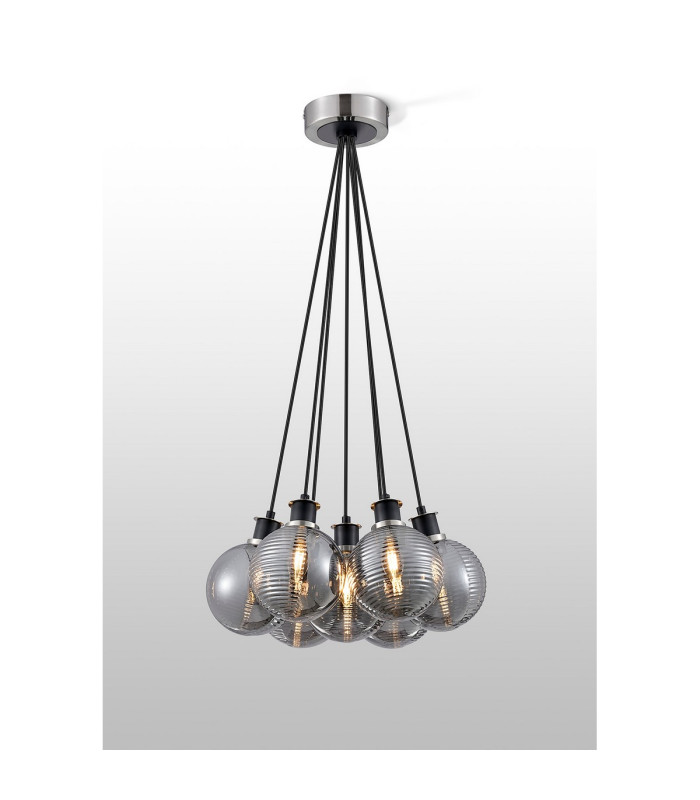 Placid 45cm Round Cluster Pendant 7x E14 15cm Round Textured Smooth/Ribbed Glass Shade Satin Nickel Smoke Plated & Black-3