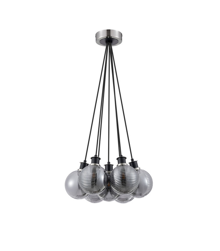 Placid 45cm Round Cluster Pendant 7x E14 15cm Round Textured Smooth/Ribbed Glass Shade Satin Nickel Smoke Plated & Black-4