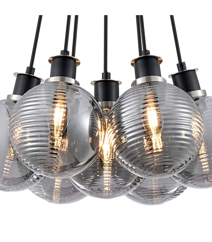 Placid 45cm Round Cluster Pendant 7x E14 15cm Round Textured Smooth/Ribbed Glass Shade Satin Nickel Smoke Plated & Black-6