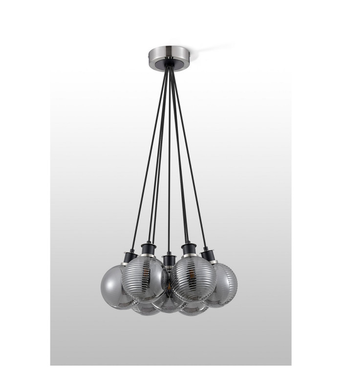 Placid 45cm Round Cluster Pendant 7x E14 15cm Round Textured Smooth/Ribbed Glass Shade Satin Nickel Smoke Plated & Black-7