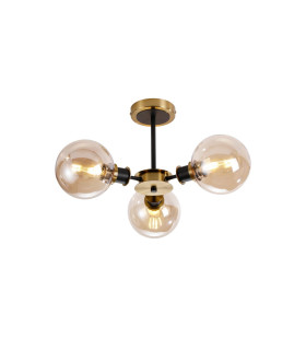 Placid 53cm Semi Ceiling 3 Light E14 15cm Round Glass Shade Brass Amber Plated & Satin Black-1