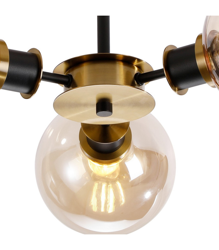 Placid 53cm Semi Ceiling 3 Light E14 15cm Round Glass Shade Brass Amber Plated & Satin Black-7