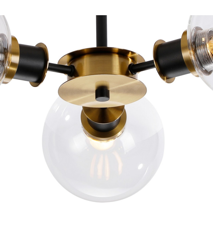 Placid 53cm Semi Ceiling 3 Light E14 15cm Round Glass Shade Brass Clear & Satin Black-7