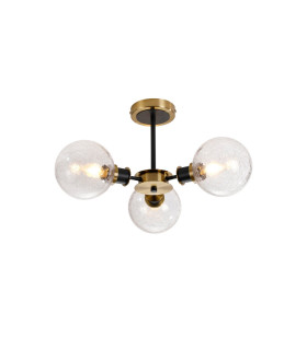 Placid 53cm Semi Ceiling 3 Light E14 15cm Round Crackled Glass Shade Brass Clear & Satin Black-1